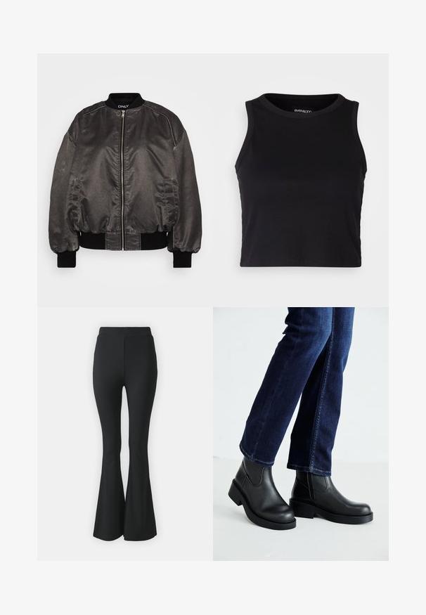 Black bomber jacket in a smooth, shiny material with a zip front, ribbed collar and cuffs, and side pockets. Features a relaxed fit design.; Black ribbed crop tank top with a round neckline and sleeveless design. Made from soft, stretchy fabric, featuring clean hemmed edges.; Black flared trousers made from stretchy fabric. Features a high waistband and a smooth, fitted design that flares from the knee downward.; Black leather ankle boots with a chunky sole and side elastic panels, paired with dark blue jeans. The ground is light-colored.