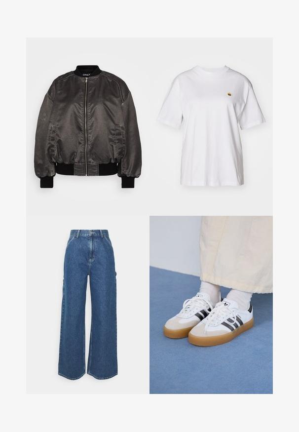 Sort bomberjakke i et glat, blankt materiale med lynlås foran, ribbet krave og manchetter samt sidelommer. Har en afslappet pasform.; Hvid bomulds-t-shirt med en afslappet pasform, korte ærmer og et lille broderet logo på venstre brystområde.; Bredde ben blå denimbukser med høj talje, kontrastsyede sømme og sidelommer, med et klassisk fem-lomme design og rå kanter.; Hvide sneakers med sorte striber og beige ruskindsdetaljer. Har en tekstureret gummisål og flade hvide snørebånd, båret med lyse sokker.