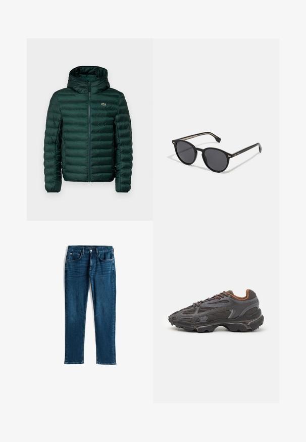 Žalias kamufliažinis pufferis su gobtuvu, su horizontaliai siuvinėtomis siūlėmis, priekyje turi užtrauktuką ir mažą siuvinėtą logotipą ant krūtinės.; Raudona medvilninė marškinė su trumpomis rankovėmis, apvaliu kaklu ir mažu logo kairėje krūtinės pusėje. Lygi tekstūra ir įprasta forma.; Tamsiai mėlynos džinsinės kelnės, tiesios kojos dizainas, penkių kišenių stilius, su subtiliu šviesinimu ir kontrastingu siuvimu, metaliniu užsegimu ir užtrauktuku.; Lacoste sportbačiai tamsiai pilki, pagaminti iš tinklinės ir sintetinių medžiagų, su tekstūruotu padu ir rudomis detalėmis ant apykaklės bei prekės ženklo.; BOSS Akiniai nuo saulės - black