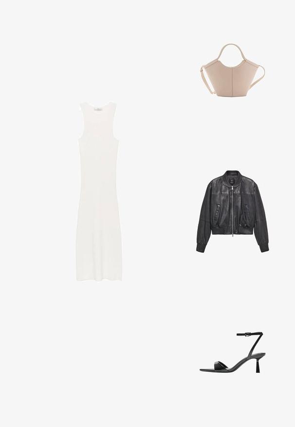 Mango Kožnata jakna - black; Bijela, bezrukavna, pletena haljina s uskim siluetom koja doseže ispod koljena. Jednostavan i minimalistički dizajn, bez uzoraka ili dodataka.; Bershka Sandale s visokom petom - black; Bež kožna torba jedinstvenog oblika, s dva kratka ručka i dugom podesivom trakom. Glatka tekstura s minimalnim metalnim dodacima.