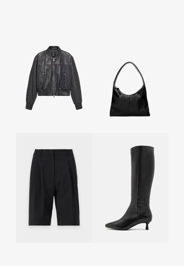 Mango Kožená bunda - black; Čierna mikina s kapucňou vyrobená z mäkkej tkaniny, má klokaní vrecko, rebrované manžety a kapucňu s šnúrkou. Jednoduchý, minimalistický dizajn.; Selected Femme SLFABBI BERMUDA - Šortky - black; Zign Čižmy - black; Čierna kožená taška cez rameno s hladkou textúrou, zakrivenou hornou časťou a jedným popruhom. Má zipsové uzatváranie a minimalistický dizajn.