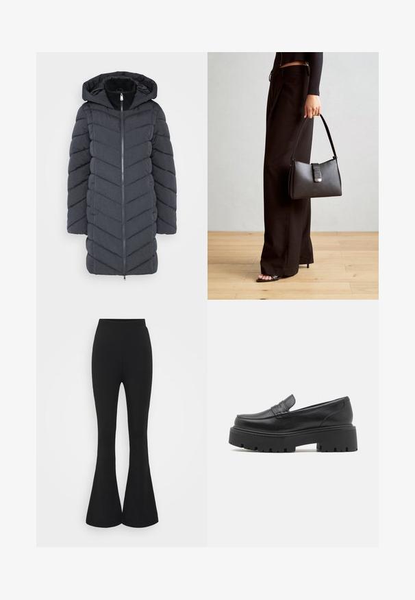 Mørkegrå pufferjakke med hætte, der har en lynlåslukning fortil og et chevron-quiltet mønster. Lavet af et glat, struktureret stof.; Sort langærmet skjorte lavet af ribbet stof. Har en rund halsudskæring og tætsiddende silhuet. Enkelt design uden mønstre eller accenter.; Sorte flared bukser lavet af et strækbart stof. Designet har en høj talje og en flared nedre kant, der åbner sig under knæet.; Sorte læder loafers med en lav, grov gummi sål, syede detaljer på overdelen og en glat overflade.; Sort håndtaske med struktureret form, glat overflade og metalspænde. Sammen med brede sorte bukser og sandaler med åben tå på trægulv.