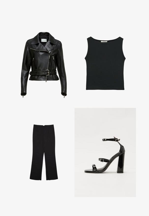 Čierna kožená motorkárska bunda s opaskom v páse, striebornými zipsami a špicatým golierom. Obsahuje textúrovaný materiál a bohaté šitie.; Čierny bezrukávový top vyrobený z hladkej tkaniny, s okrúhlym výstrihom a priliehavým strihom bez viditeľných vzorov alebo ozdôb.; Čierne nohavice so strihom rovného strihu, s prednými vreckami a bočnými rozparkami na leme. Vyrobené z mäkkej, hladkej tkaniny. Vhodné na rôzne príležitosti.; Čierne lakované sandále na podpätku so štvorcovou špičkou, navlečenými remienkami okolo členku a striebornými prackami. Disponujú masívnym blokovým podpätkom pre stabilitu.