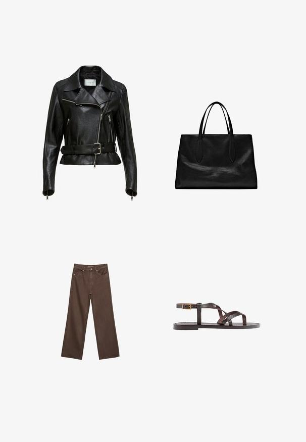 Sort lædermotorcykeljakke med bælte om taljen, sølvfarvede lynlåse og spids krave. Har tekstureret materiale og rigelige syninger.; Brun kortærmet t-shirt lavet af blødt stof, med rund halsudskæring og afslappet pasform. Ingen synlige mønstre eller detaljer.; Bredde ben brun denim jeans med høj talje, forlommer og klassisk knaplukning. Glat tekstur med diskret syninger.; Brune lædersandal med krydsende stropper, ankelspænde og en flad sål med minimale syninger.; Sort læder tote bag med to forlængede hanke, en struktureret form, glat tekstur og minimalistisk design. Ingen synlig hardware eller accenter.