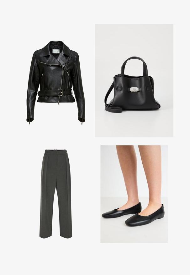 Fekete bőr motoros dzseki övvel a deréknál, ezüst cipzárakkal és hegyes gallérral. Anyaga textúrált, és gazdag varrási részletekkel rendelkezik.; Fekete és krémszínű csíkos pántos felső, testhez simuló kialakítással, vastag vízszintes csíkokkal és középen elhelyezett logóval. Puha kötött textúra.; Szürke, széles szárú nadrág texturált anyagból, magas derékkal és elöl hajtásokkal. A kialakítás sima derékpántot tartalmaz, és nincsenek látható rögzítők.; Fekete balerina cipők sima bőrből, lekerekített orral és alacsony, lapos talppal, slip-on kialakítással és látható fém részek nélkül.; Fekete bőr kézitáska struktúrált felülettel, két felső fogantyúval, levehető vállpánttal és ezüst színű csattal.