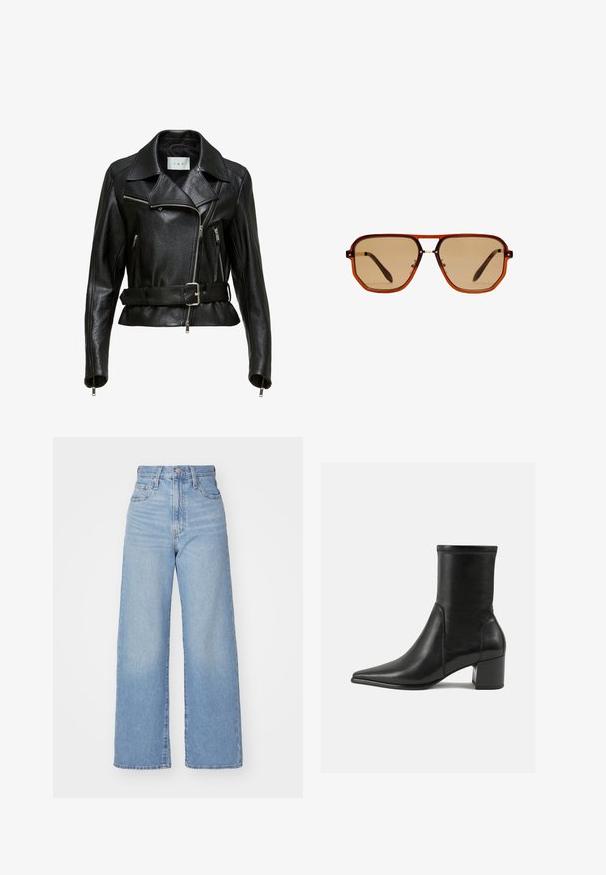 Giacca da moto in pelle nera con vita regolabile, zip argentate e colletto a punta. Presenta un materiale testurizzato e dettagli di cucitura abbondanti.; Tessuto beige chiaro con una manica piegata, che evidenzia una texture liscia e un aspetto morbido, mettendo in risalto la sua semplicità ed eleganza.; Jeans a vita alta blu chiaro con gamba larga, chiusura frontale con bottone e zip, tasche anteriori e posteriori, su uno sfondo bianco.; Stivale alla caviglia nero in pelle liscia, con punta appuntita, tacco a blocco e cuciture raccolte distintive lungo il bordo superiore.; Occhiali da sole ottagonali marroni con montatura trasparente color ambra e lenti sfumate marroni. Caratterizzati da un accento metallico sul ponte e stecche sottili.; Orecchini a cerchio dorati con forma rettangolare, texture liscia e bordi arrotondati. Presentano una chiusura sicura per una maggiore stabilità.