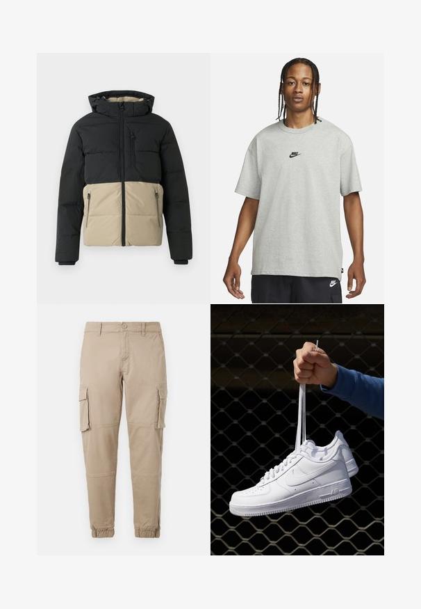 Povedzme aj na tejto tmavej hrubej bunde, ktorá má čiernu hornú časť a béžovú spodnú časť. Obsahuje predný zips, zipsové bočné vrecká a kapucňu. Textúrovaná tkanina.; Mladý človek s vrkôčikmi, oblečený v svetlošedé tričko Nike a čierne šortky Nike, na pozadí bielej steny.; Béžové cargo nohavice vyrobené z ľahkej bavlny. Majú elastické manžety, viacero bočných vreciek a zapínanie na gombík.; Biele kožené tenisky s perforáciami, okrúhlou špičkou, plochou podrážkou a hrubými šnúrkami, pričom majú viditeľné logo swoosh a nápis "AIR" na päte.