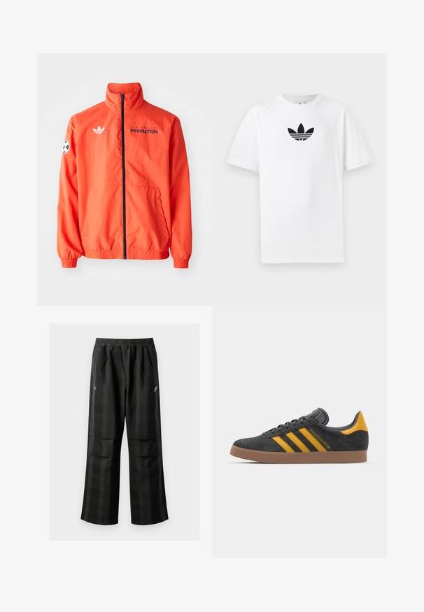 adidas Originals NEW ENGLAND REVOLUTION ORIGINALS ANTHEM JACKET - Nacionalinės rinktinės apranga - bright red/white; Baltas medvilnės marškinėliai su juodu Adidas logo centre. Trumpomis rankovėmis ir apvalia kaklo iškirpte. Lygus audinys.; Juodos languotos kelnės su elastingu juosmeniu, dviem priekinėmis kišenėmis ir laisvu tiesiu kirpimu. Pagamintos iš lengvos medžiagos.; Juodas zomšinės sportbačiai su geltonais akcentais, turintys tris juosteles ir rudą gumos padą. Apima paminkštintą liežuvėlį patogumui.