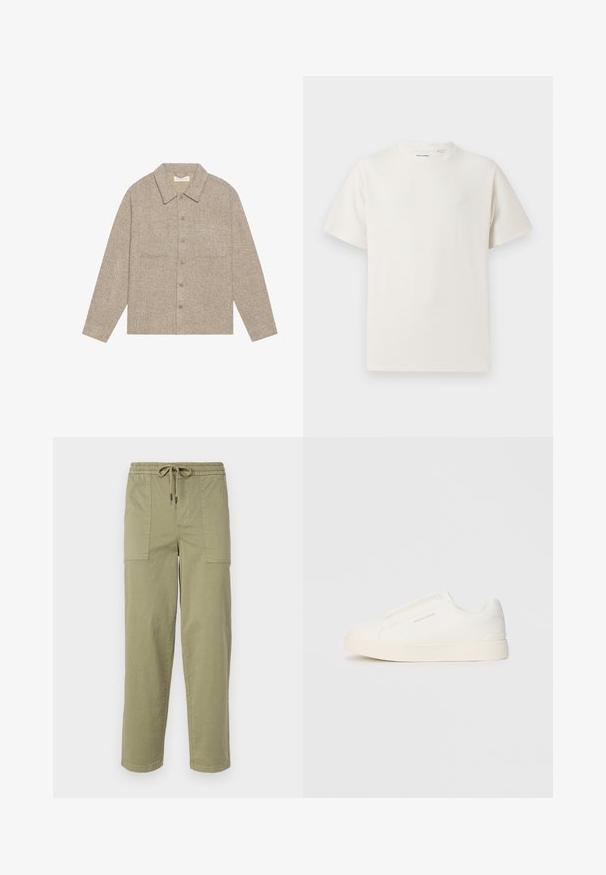 Ανοιχτό καφέ, υφασμάτινο σακάκι με κολάρο, εμπρόσθια κουμπωτή κλεισίμα και δύο θηκάκια στο στήθος. Απλός, χαλαρός σχεδιασμός.; Λευκή κοντομάνικη μπλούζα με ριγωτή υφή. Στρογγυλή λαιμόκοψη, χαλαρή εφαρμογή, χωρίς ορατά σχέδια ή λεπτομέρειες. Απλός και ευέλικτος σχεδιασμός.; Φως ελαιόχρωμο παντελόνι κατασκευασμένο από ύφασμα με μείγμα βαμβακιού, με ελαστική μέση και κορδόνι, και δύο μεγάλες πλευρικές τσέπες.; Λευκά slip-on παπούτσια με υφή, παχύ πάτο και μινιμαλιστικό σχέδιο. Φέρει το λογότυπο της μάρκας στο πλάι.