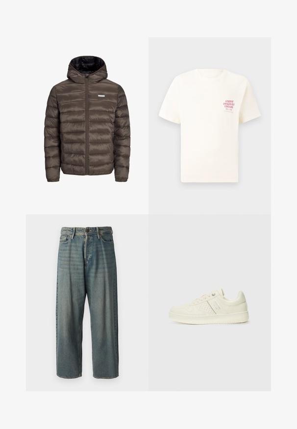 Barna, puffos, kapucnis dzseki cipzárral az elején, vízszintes varrásokkal és két oldalsó zsebbel. Fekete anyaggal bélelve.; Fehér, rövid ujjú póló, bal mellen piros szöveggel "Studio Originals Edition", semleges szürke háttér előtt.; Világoskék farmernadrág, laza fazonnal, közepes derékbőséggel és egyenes szárral. Öt zsebet, övbucskát és gombos záródást tartalmaz.; Krém színű sneaker perforált részletekkel, fűzőkkel és logóval az oldalán, egy sima fehér háttér előtt kiállítva.