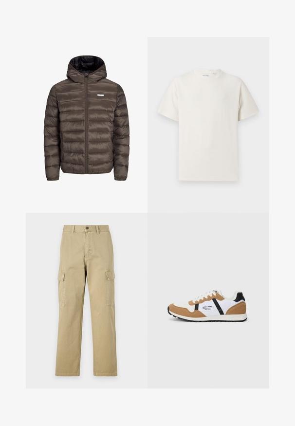 Brown, puffy, hooded jacket with a zip front, featuring horizontal stitching and two side pockets. Lined with black fabric.; White short-sleeve T-shirt in a ribbed texture. Round neckline, relaxed fit, no visible patterns or accents. Simple and versatile design.; Beige cargo pants made of cotton, featuring two side pockets, a button closure, and straight legs with a slightly textured fabric.; Retro-style sneaker with white, tan suede, black accents, white laces, and "Jack & Jones EST. 1990" logo on the side.