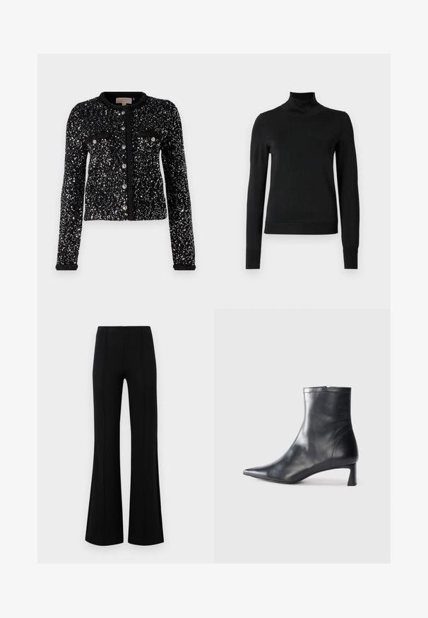 Cardigan noir avec un design de sequins, doté de manches longues, d'un col rond et d'une fermeture à boutons avec deux poches avant.; Pull à col roulé noir à manches longues avec des poignets et un ourlet côtelés, présenté sur un fond blanc uni.; Pantalons évasés noirs avec une taille haute, fabriqués en tissu extensible. Présente des détails de couture verticaux sur le devant et une texture lisse.; Bottine en cuir noir avec un bout pointu et un design épuré. Présente un petit talon et une fermeture éclair à l'arrière. Texture lisse.