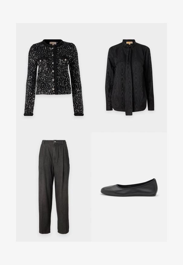 Melna džemperīša ar sekvīnu dizainu, ar garām piedurknēm, apaļu kakla izgriezumu un pogu aizdari, kā arī divām priekšējām kabatām.; Melnā blūze, kas izgatavota no gludas auduma, ar smalku tonālu rakstu, garām piedurknēm, staigājošu apkakli un saišu aizdari pie kakla.; Tumši pelēki džinsi ar augstu vidukli, ar krokām priekšpusē, taisnām kājām un vienu pogu jostasvietā.; Melna ādas baleta kurpe ar noapaļotu purngalu, gludu tekstūru, minimālu šuvju detalizāciju un elastīgu zoles dizainu.