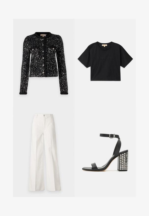 Cardigã preto com um design de lantejoulas, apresentando mangas longas, decote redondo e fecho de botão com dois bolsos frontais.; Camiseta cropped preta feita de algodão. Possui decote redondo e mangas curtas. "MICHAEL KORS" bordado na mesma cor na frente.; Calças largas brancas feitas de algodão com uma textura suave. Apresenta um botão frontal, fecho de correr e um design de quatro bolsos.; Sandálias de salto em couro preto com tira no tornozelo. Apresentam uma ponta quadrada, textura suave e um salto quadrado decorado com tachas prateadas.