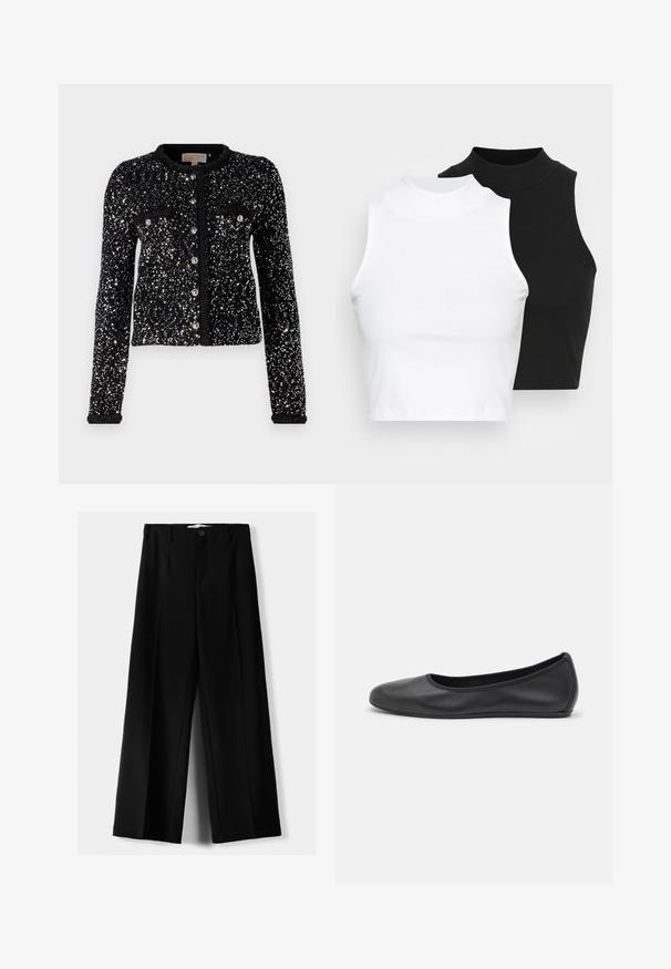 Čierny kardigán s flitrovým dizajnom, dlhými rukávmi, okrúhlym výstrihom a zapínaním na gombíky s dvoma prednými vreckami.; Dve bezrukávové rebrované roláky v čiernej a bielej farbe, pričom majú priliehavý strih a hladkú textúru, s krátkou dĺžkou.; Čierne široké nohavice z ľahkého materiálu, s predným zapínaním na gombík a plochým predným dielom, s pekne ušitými lemami.; Čierne kožené baleríny s okrúhlou špičkou, hladkým povrchom, minimálnym prešívaním a flexibilným dizajnom podrážky.