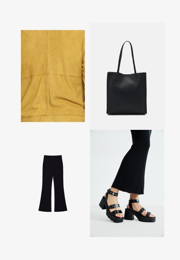 Maze Lederjacke - yellow; Schwarzes kurzärmeliges T-Shirt aus weichem Stoff. Mit klassischem Rundhalsausschnitt und lockerer Passform. Keine Muster oder Akzente sichtbar.; Schwarze Schlaghose mit hohem Bund und ohne sichtbare Taschen oder Knöpfe, vor einem weißen Hintergrund gezeigt.; Schwarze Plattform-Sandalen mit robusten, profilierten Sohlen und mehreren Riemen, ausgestattet mit metallischen Schnallen und einer glatten, lederähnlichen Textur.; Schwarze Laptoptasche aus Leder mit glatter Textur, rechteckiger Form und zwei langen Griffen. Keine sichtbaren Beschläge oder Verzierungen.