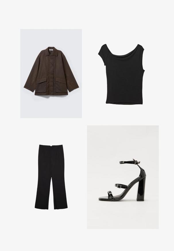 Brun, langærmet jakke med krave, to forlommer og en lige skåret pasform. Fremstillet af glat, let stof.; Sort kortærmet top lavet af glat stof; har en draperet halsudskæring og en asymmetrisk kant, med en tætsiddende pasform.; Sorte bukser med lige pasform, der har frontlommer og slidser i kanten. Lavet af blødt, glat stof. Velegnet til forskellige anledninger.; Sorte patenterede hælsandaler med firkantet tå, ankelremme og sølvspænder. Har en chunky blokHæl for stabilitet.