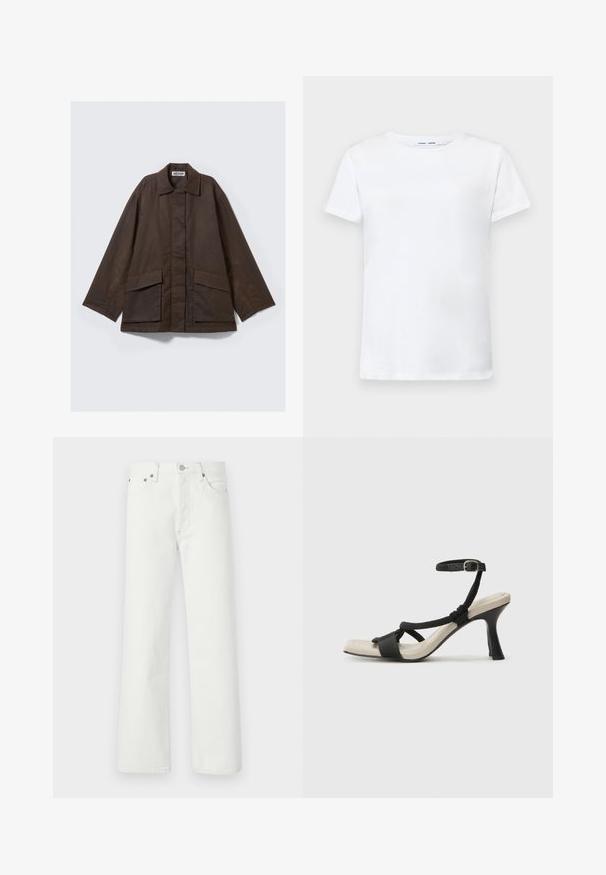 Brown, long-sleeve jacket with a collared neck, two front pockets, and a straight cut design. Made of smooth, lightweight fabric.; White short-sleeve t-shirt made of cotton with a crew neck design. Smooth texture and straight cut, no patterns or accents.; White denim jeans featuring a straight-leg cut, five-pocket design, and metal hardware accents on the waistband and pockets.; Black heeled sandal with braided strap design, square toe, and adjustable ankle strap. Light beige footbed with a glossy black heel.