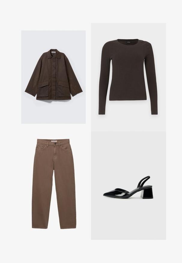 Brun, langærmet jakke med krave, to forlommer og en lige skåret pasform. Fremstillet af glat, let stof.; Brun langærmet ribbet top med rund halsudskæring. Fremstillet af et glat, strækbart materiale, med en tætsiddende silhuet og minimalistiske detaljer.; Brune bomuldsdenim bukser med løs pasform, fem lommer og lynlås i front. Har en subtil tekstur og klassiske syninger.; Sorte patentlæder slingback hæle med spids tå og en geometrisk blok hæl. Har et elegant, minimalistisk design og en glat tekstur.