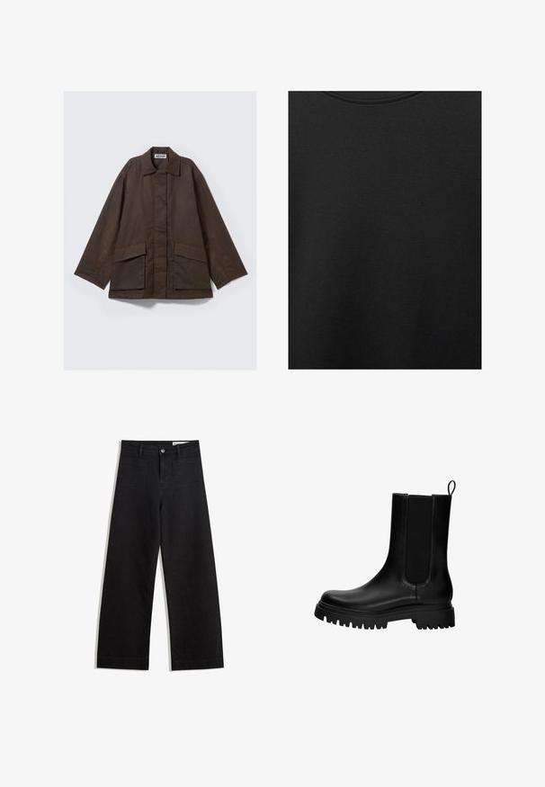 Brun, langærmet jakke med krave, to forlommer og en lige skåret pasform. Fremstillet af glat, let stof.; Sort bomuldsstof med glat struktur og rund halsudskæring, prydet med et subtilt, jævnt kornmønster. Ingen synlige logoer eller accenter.; Sorte wide-leg denim bukser med høj talje, der har front- og baglommer, syede sømme og en knaplukning. Glat tekstur.; Sort læder ankelstøvle med elastiske sidepaneler, en pull tab og en tyk, robust sål. Glat tekstur med et moderne design.