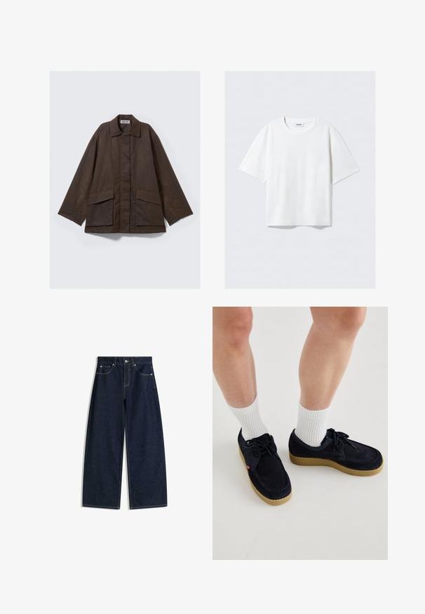 Braune Jacke mit langen Ärmeln, einem Kragen, zwei Fronttaschen und einem geraden Schnitt. Hergestellt aus glattem, leichtem Stoff.; Weißes T-Shirt mit kurzen Ärmeln aus weichem Baumwollstoff, mit einem runden Ausschnitt und lässigem Schnitt mit geradem Saum, schlicht ohne Muster oder Grafiken.; Dunkelblaue Denim-Jeans mit weitem Bein, Fronttaschen, Knopfverschluss und sichtbaren Nähten vor weißem Hintergrund.; Marineblaue Wildlederschuhe mit runder Zehenpartie, Schnürdesign und cremefarbener Gummisohle. Kombiniert mit weißen gerippten Socken.