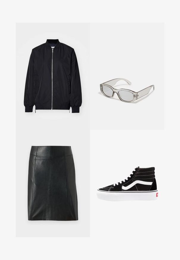 Svart bomberjacka med dragkedja fram, ribbade mudd och nederkant samt sidfickor. Tillverkad av ett slätt material med en minimalistisk logotyp på bröstet.; Två ärmlösa toppar i svart och vitt, tillverkade av ribbat bomull, med rund halsringning och en figurpassande design. Etiketter synliga på båda.; Svart läderkjol med en figursydd design. Slät textur, sömmar som markerar formen, och en rak fåll. Minimalistisk och elegant look.; Svarta hög top sneakers med vita snören, en vit logotyp och kontrasterande vita sömmar. Har en tjock vit sula och texturerad mockaöverdel.; Grå, genomskinliga solglasögon med rektangulär form, platta linser och tjocka skalmar. Har en subtil gångjärnsdetalj vid tinningarna.