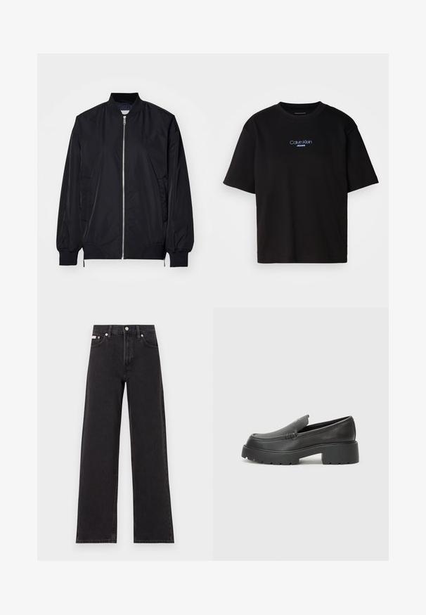 Black bomber jacket with a zip front, ribbed cuffs and hem, and side pockets. Made of smooth material with a minimalist logo on the chest.; Black cotton t-shirt with a round neck, short sleeves, and blue embroidered "Calvin Klein JEANS" logo on the front.; Black wide-leg jeans made of denim, featuring a high-rise waist, five-pocket styling, and a metal button closure with contrasting stitching.; Black leather loafers with a rounded toe, thick textured sole, and minimal stitching details. Sleek design with no visible laces or hardware.