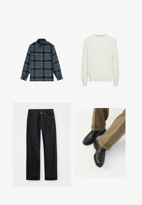 Lee LONG SLEEVE TEXTURED 2PKT - Chaqueta fina - mood indigo grey plaid; Suéter de canalé en crema claro con cuello redondo, mangas largas y puños ajustados, fabricado en un tejido suave con un acabado texturizado.; Jeans de mezclilla negros de pierna recta para hombre, con cinco bolsillos y costuras en color naranja, cierre de botón y cremallera en la parte delantera de la cintura.; Zapatos de dress de cuero negro con un acabado suave, con cordones y punta redondeada, combinados con pantalones caqui arremangados.