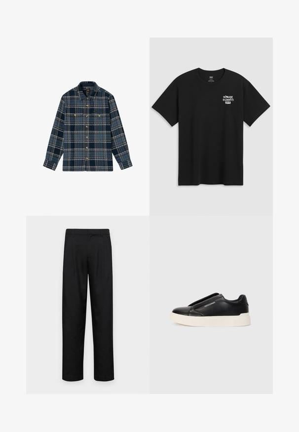 Lee LONG SLEEVE TEXTURED 2PKT - Leichte Jacke - mood indigo grey plaid; Schwarzes Baumwoll-T-Shirt mit einem Brustdruck, der in einer weißen, stilisierten Schrift "HAUSPFLANZEN" und darunter "Levi's" zeigt. Klassischer Rundhalsausschnitt.; Schwarze Hose aus glattem Stoff, mit geradem Bein Design, zwei vorderen Falten und einem Standardbund mit Gürtelschlaufen.; Schwarzer Schlupfschuh aus strukturiertem Lederobermaterial, mit weißer Gummisohle und ohne sichtbare Schnürsenkel. Mit Markenlogo an der Seite.