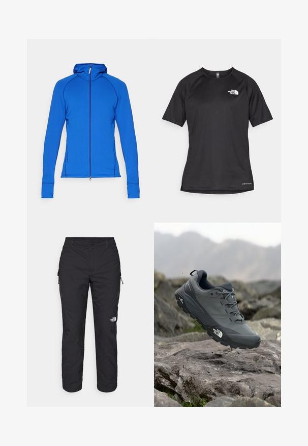 Modrá športová mikina na zips s priliehavým dizajnom, dlhými rukávmi, raglánovým štýlom a kapucňou. Obsahuje bočné zipsové vrecká a rebrované manžety.; Čierne športové tričko s krátkym rukávom z texturovanej látky, s bielym logom na ľavej hrudi a rovným lemom.; The North Face WINTER EXPLORATION TAPERED CARGO - Outdoorové nohavice - black; Šedá trailová bežecká obuv s textúrovaným zvrškom, odolnou gumovou podrážkou a vystuženou špičkou. Obsahuje šnúrky a logo značky na boku.