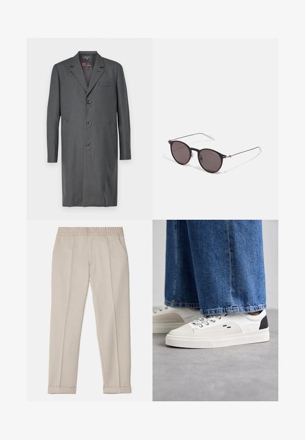 Gray overcoat made of textured fabric, featuring a notched lapel, three buttons, a chest pocket, and two side pockets. Mid-length cut.; Hooded sweatshirt in black featuring a repetitive grey logo pattern, with a drawstring hood and ribbed cuffs and hem.; Filippa K TERRY CROPPED TROUSERS - Trousers - sage melange; White and black sneakers with a smooth leather upper, textured accents, and a chunky white sole. Features a classic lace-up design.; Black round sunglasses with dark lenses and slim metal arms. Includes clear temple tips and silver accents at the hinge. Minimalist design.