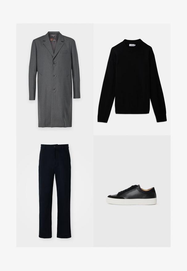 Cappotto grigio realizzato in tessuto testurizzato, con rever a scollatura, tre bottoni, una tasca sul petto e due tasche laterali. Taglio di media lunghezza.; Maglione nero con scollatura rotonda a coste, maniche lunghe e un motivo a maglia testurizzato. Senza loghi o decorazioni visibili.; Pantaloni color blu navy in cotone, con design a gamba dritta, chiusura con bottone frontale e vita classica con passanti per cintura.; Sneaker nera in pelle con accenti in suede, punta rotonda, suola piatta in gomma bianca e texture contrastanti sulla parte superiore e sui lacci.