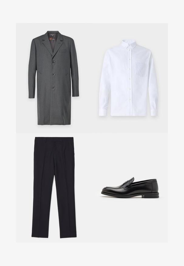 Szürke, texturált anyagból készült overál, kihajtott gallérral, három gombbal, egy mellzsebbel és két oldalzsebbel. Közepes hosszúságú fazon.; Fehér, hosszú ujjú, gombos ing pamutból, mellzsebbel, tónusos hímzéssel, gallérral és gombos mandzsettával.; Fekete, sima anyagból készült, karcsúsított nadrág, két oldalsó zsebbel, egyenes szárú kialakítással, és látható minták vagy díszítések nélkül.; Fekete bőr loaferek sima textúrával, kerek orral és dekoratív pánttal a vampnál. Alacsony, rétegelt sarkú, minimalista dizájn.