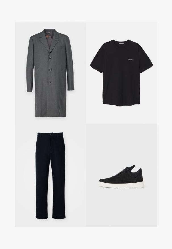 Gray overcoat made of textured fabric, featuring a notched lapel, three buttons, a chest pocket, and two side pockets. Mid-length cut.; Black cotton T-shirt with a crew neck, short sleeves, and a white logo print on the left chest. Simple, solid color design.; Navy blue trousers made of cotton, featuring a straight-leg design, a front button closure, and classic waistband with belt loops.; Black suede sneaker with a white rubber sole, featuring tonal stitching and lace-up design. Smooth texture with a modern, streamlined shape.