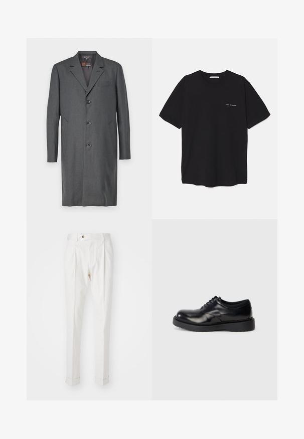 Gray overcoat made of textured fabric, featuring a notched lapel, three buttons, a chest pocket, and two side pockets. Mid-length cut.; Black cotton T-shirt with a crew neck, short sleeves, and a white logo print on the left chest. Simple, solid color design.; White, tailored trousers with a flat front, two pleats, and rolled cuffs. Made of a smooth fabric with a button closure at the waist.; Black leather lace-up shoe with a rounded toe, smooth surface, and a thick rubber sole featuring subtle grooves for traction.