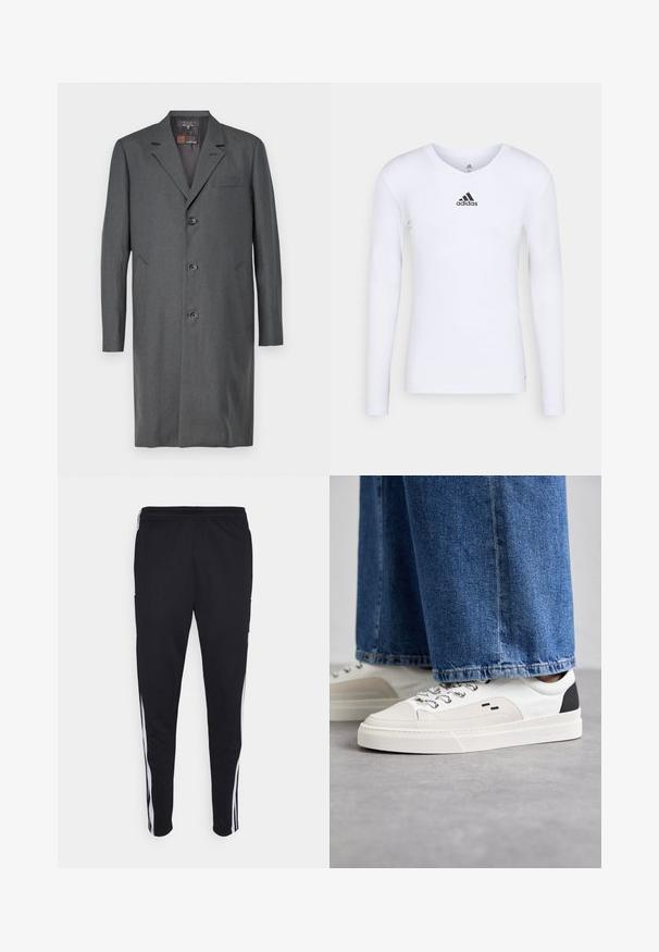 Gray overcoat made of textured fabric, featuring a notched lapel, three buttons, a chest pocket, and two side pockets. Mid-length cut.; Long-sleeve white athletic shirt made of smooth material featuring a black Adidas logo at the chest; V-neck design and fitted shape.; Black athletic pants with a relaxed fit, featuring white side stripes, a drawstring waist, and two side pockets. Made from soft fabric.; White and black sneakers with a smooth leather upper, textured accents, and a chunky white sole. Features a classic lace-up design.