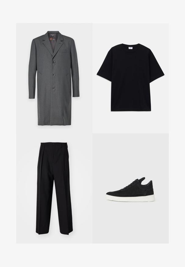 Cappotto grigio realizzato in tessuto testurizzato, con rever a scollatura, tre bottoni, una tasca sul petto e due tasche laterali. Taglio di media lunghezza.; T-shirt oversize nera a maniche corte con scollatura rotonda e etichetta del marchio Filippa K visibile all'interno del colletto.; Pantaloni neri a pieghe con un design dritto e gamba larga. Realizzati in tessuto morbido, con chiusura a bottone e passanti per cintura.; Sneaker in suede nero con suola in gomma bianca, caratterizzato da cuciture tonali e design con lacci. Texture liscia con una forma moderna e aerodinamica.
