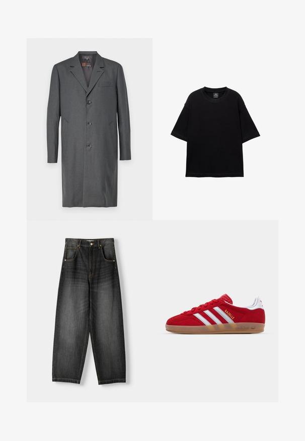 Grijze overjas van textuurstof, met een notch revers, drie knopen, een borstzak en twee zijzakken. Middellange snit.; Zwarte T-shirt met korte mouwen, gemaakt van katoen, met een ronde halslijn en een ontspannen pasvorm. Gladde textuur met minimale stikdetails.; Donkerdenim wijduitlopende jeans met een hoge taille, vijf zakken, contrasterende gouden stiksels en een knoopsluiting. Vlakke voorkant en rechte benen.; Rode suède sneaker met een witte drie-strepenontwerp en gouden "Gazelle" tekst. Beschikt over een rubberen gumzool en een gestructureerde hiel.