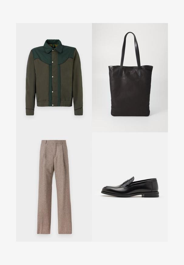 Roheline ja pruun jakk, millel on nuppude sulgemine, krae ning elastsed mansetid ja alläär. Omab kontrastseid värvipaneele ja peent tekstuuri.; Valge nööpidega särk kraega, millel on peened vertikaalsed triibud, pikad varrukad, rinnatasku ja klassikaline ümar serv.; Prunnid, kõrge vöökohaga püksid, mis on valmistatud tekstureeritud kangast. Omavad laiu jalgu ja kahte eesmist voldikut struktuuri jaoks. Korralik viimistlus, ilma nähtava riistvarata.; Mustad mustad nahast loafers sileda tekstuuriga, ümarat ninaosa ja dekoratiivne riba vampi üle. Madal kihiline konts, minimalistlik disain.; Mustmust kott mustade nahkade käepidemetega. Lihtne disain, avar keha ja sile tekstuur. Pole nähtavaid logosid ega mustreid.