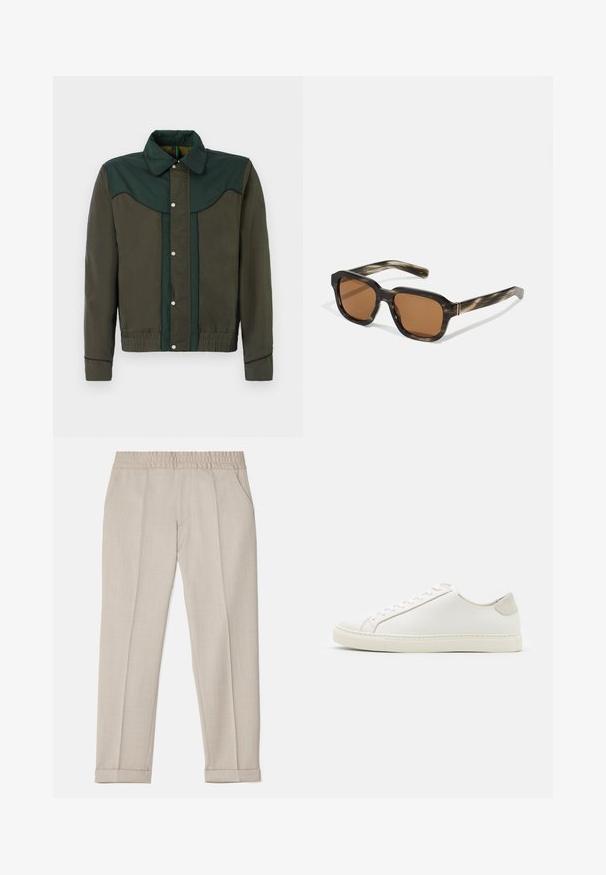 Zeleno-hnedá bunda so zapínaním na tlakové gombíky, golierom a elastickými manžetami a lemom. Obsahuje kontrastné farebné panely a jemnú textúru.; Tri biele rebrované tielka vyrobené z bavlny. Majú okrúhly výstrih a malé čierne štítky pri leme. Dostupné v rôznych veľkostiach.; Filippa K TERRY CROPPED TROUSERS - Nohavice - sage melange; Biele kožené tenisky s hladkým povrchom, okrúlym špičkou a minimalistickým dizajnom. Obsahujú béžové akcenty na päte a gumovú podrážku.; Plastové slnečné okuliare s korytnačím vzorom, octagonálne hnedé šošovky a tenké zlaté akcenty na ráme.