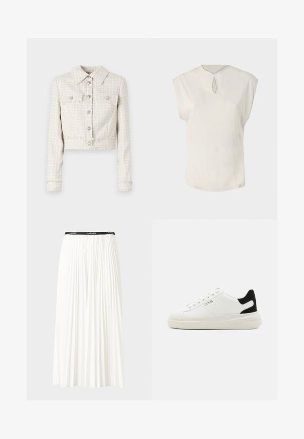 Jachetă din tweed bej, cropped, cu guler, două buzunare frontale, nasturi metalici și detalii cu tiv desfăcut. Țesătură texturată și structurată.; Top alb cu mâneci scurte, cu un decolteu rotund și un detaliu mic în formă de cheie în față. Textură netedă, croială lejeră și tiv ușor curbat.; Fustă plisată albă cu un brâu elastic negru, având logo-ul "LACOSTE". Design de lungime medie, cu textură moale.; Adidași din piele albă cu o talpă groasă albă, accent de călcâi din suede negru și logo embosat pe lateral. Design cu șireturi și șase orificii.
