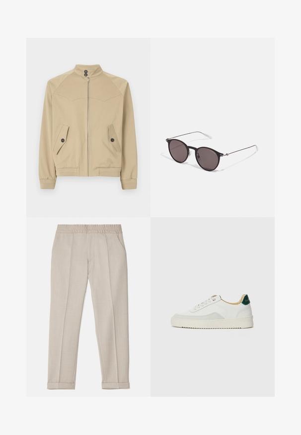 Beżowa kurtka zapinana na zamek z wysokim kołnierzem, dwiema skośnymi kieszeniami, zapięciem na guziki i ściągaczami, wykonana z gładkiego, lekkiego materiału.; Czarna bluza z bawełny z okrągłym dekoltem, ribbowanymi mankietami i pasem w talii. Posiada złote logo "EA7" na piersi.; Filippa K TERRY szary; Białe trampki z zamszowymi akcentami, zaokrąglony czubek, płaskie sznurowadła i kremowa gumowa podeszwa. Posiadają zielone logo na pięcie.; Czarne okrągłe okulary przeciwsłoneczne z ciemnymi soczewkami i smukłymi metalowymi ramkami. Zawierają przezroczyste końcówki zauszników oraz srebrne akcenty przy zawiasie. Minimalistyczny design.