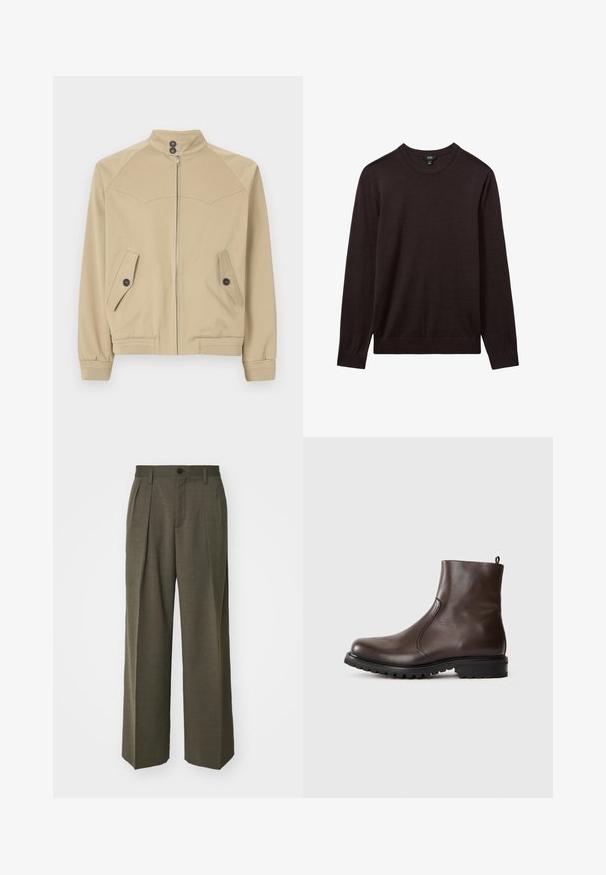 Beige zip-jakke med høj krave, to skrå lommer, knaplukninger og ribbede manchetter, lavet af et glat, let stof.; Reiss Striktrøje - dark bordeaux; Filippa K WIDE TROUSERS - Bukser - driftwood; Brun læder ankelstøvle med en glat tekstur, elastiske sidepaneler, trækflig bagpå og en robust gummisål.
