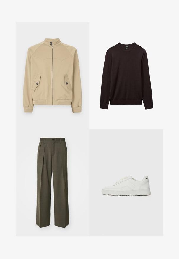 Béžová zipová bunda s vysokým límcem, dvěma šikmými kapsami, knoflíkovými uzávěry a vroubkovanými manžetami, vyrobená z hladkého, lehkého materiálu.; Reiss Svetr - dark bordeaux; Filippa K WIDE TROUSERS - Kalhoty - driftwood; Bílé kožené tenisky s hladkým povrchem, kulatou špičkou, plochými tkaničkami a texturovanou podrážkou. Na patě se nachází nenápadné logo.