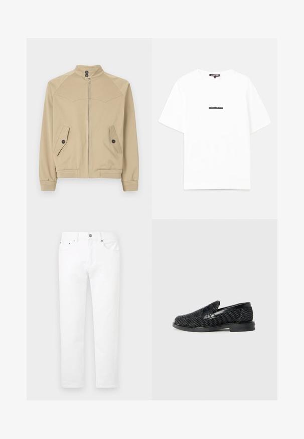 Veste beige zippée avec un col haut, deux poches angulaires, des fermetures à bouton et des poignets côtelés, fabriquée dans un tissu lisse et léger.; T-shirt en coton blanc à coupe décontractée, avec des manches courtes et un logo noir "MICHAEL KORS" imprimé au centre.; Jean en denim blanc avec une coupe droite, style à cinq poches et quincaillerie métallique à l'avant. Texture lisse sans motifs visibles.; Chaussure slip-on tissée noire avec un accent en cuir lisse sur le dessus, un design à bout rond et une semelle en caoutchouc à profil bas.