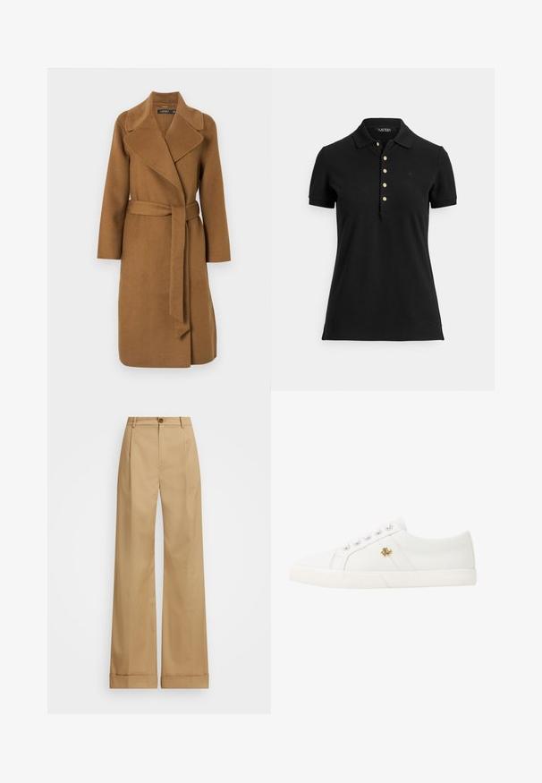 Rudas vilnos mišinys paltas su apykakle, diržu liemenyje ir ilgomis rankovėmis. Turi apvyniojimo dizainą ir minkštą tekstūrą.; Juoda polo marškinėliai iš tekstūruotos medžiagos, turintys apykaklę, trumpas rankoves ir apatinę dalį su auksiniais mygtukais. Švelnus logotipo detalė ant krūtinės.; Šviesiai rudos plačios kojinės kelnės su mygtuko uždarymu, pasižyminčios lygia medžiaga ir prispaustomis raukšlėmis. Kantai yra su apvadu, suteikiančiu papildomą detalę.; Lauren Ralph Lauren JANSON II CANVAS SNEAKER - Sportbačiai - optic white