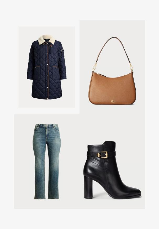 Tamnoplava prošivena jakna s lažnim ovratnikom od ovčje vune, smeđim obrubom, džepovima na patent i kopčama te bočnim džepom na rukavu.; Bijela pripijena majica s brodskim izrezom, kratkim rukavima s manžetama i glatkim, mekanim materijalom. Jednostavan dizajn bez uzoraka ili ukrasa.; Lauren Ralph Lauren Woman HIGH RISE FLARE JEAN - Široke nogavice - haze wash; Crne kožne gležnjače s glatkom završnom obradom, šiljastim vrhom i zlatnom kopčom na remenu. Imaju visoki potplat s složenim petom.; Smešani smeđi kožni rukohvat sa zakrivljenim oblikom, zlatnim hardverom i jednim remenom za rame. Ima zatvaranje na patentni zatvarač i detalj s logotipom.; Zlatno tonirane naušnice s leverskim zatvaranjem i velikim bijelim bisernim privjeskom, s malim redom prozirnih rhinestona duž zgloba.