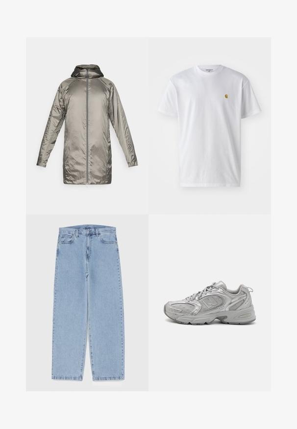 Ilga, lengva striukė metalizuotos sidabro spalvos. Pasižymi kapriniu, užtrauktuko uždarymu ir sklandžiu, blizgiu paviršiumi su minimaliu dekoru.; Balta medvilnės marškinėliai su trumpomis rankovėmis, apvalia iškirpte, kuriuose kairėje krūtinės pusėje yra mažas auksinis logotipas. Minkšta tekstūra ir reguliari forma.; Šviesiai mėlyni džinsai su tiesiomis kojomis, turintys vidutinio aukščio juosmenį, penkias kišenes ir mygtuko bei užtrauktuko uždarymą.; Sidabriniai sportiniai bateliai su šiuolaikiniu dizainu, tinklelio panelėmis, paminkštinta liežuvėliu, tekstūruotu sintetiniu viršumi ir guminiais padu, užtikrinančiais sukibimą.