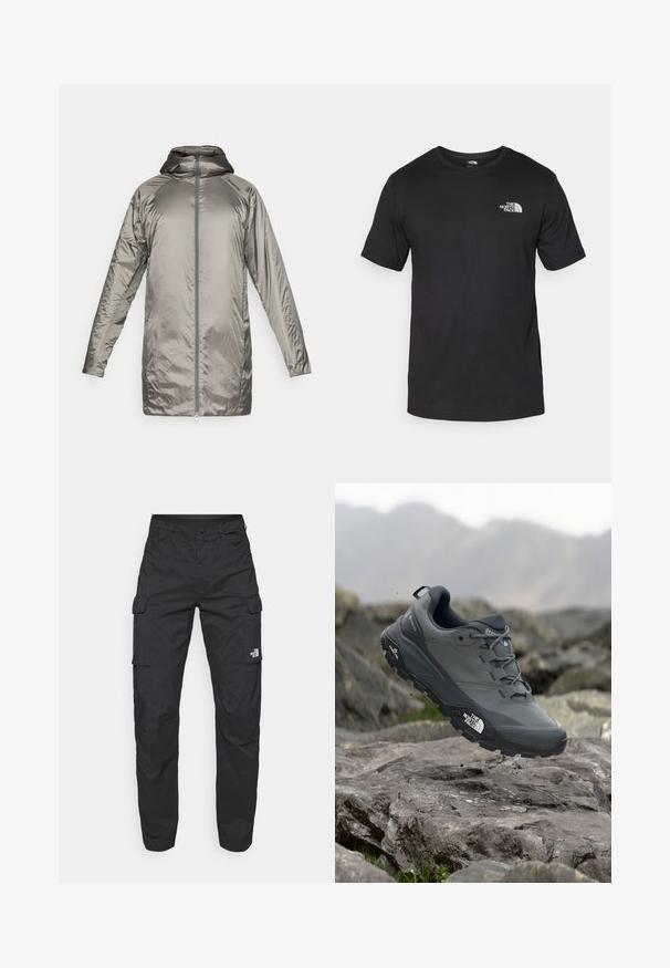 Giacca lunga e leggera di colore argento metallizzato. Caratterizzata da un cappuccio, chiusura con zip e una texture liscia e lucida con decorazioni minime.; T-shirt nera a maniche corte in cotone, con scollatura rotonda e un piccolo logo bianco nell'area superiore sinistra del petto.; The North Face EXPLORATION PANTS - Pantaloni cargo - black; Scarpa da trail running grigia con tomaia testurizzata, suola in gomma resistente e punta rinforzata. Presenta lacci e logo del marchio sul lato.