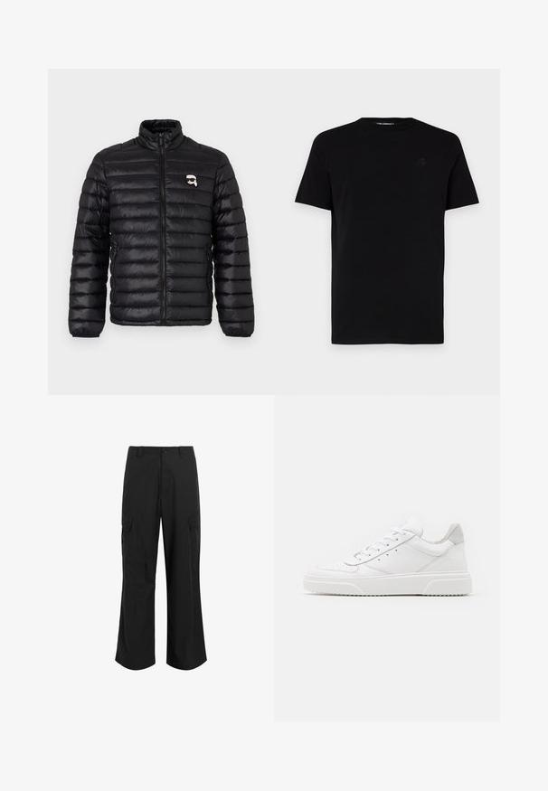 Jachetă pufșor neagră cu guler înalt, quilting orizontal și logo pe piept. Confecționată dintr-un material lucios, cu manșete elastice și închidere cu fermoar.; Tricou scurt negru din bumbac, cu guler rotund și un logo discret embosat pe partea stângă a pieptului. Textură fină.; Pantaloni cargo negri dintr-un material ușor, cu o croială relaxată, două buzunare laterale mari și închidere cu nasture.; Adidași din piele albă cu un finisaj neted, vârf rotunjit, șireturi plate și o talpă texturată. Accente din piele întoarsă gri la călcâi.